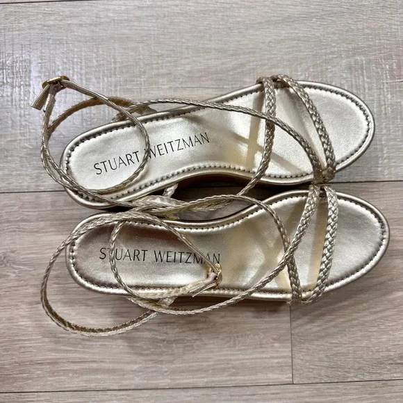Stuart Weitzman Wovette Gold‎ Metallic Leather Woven Wedge Braided Sandal Heel 9